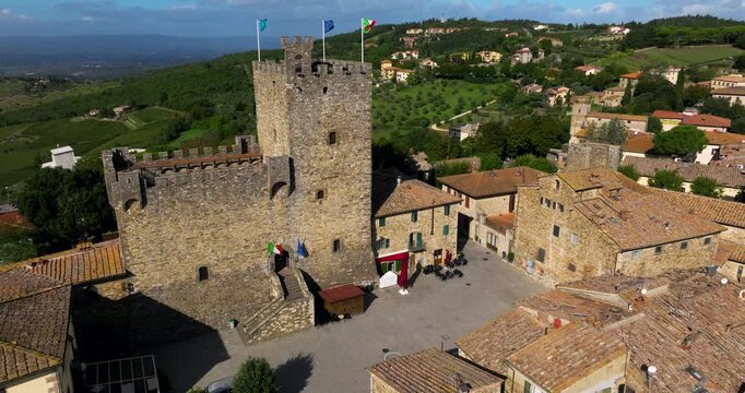 Medieval Florentine Fortress Of Rocca di Castellina In Chianti, Tuscany In Italy. Aerial Shot