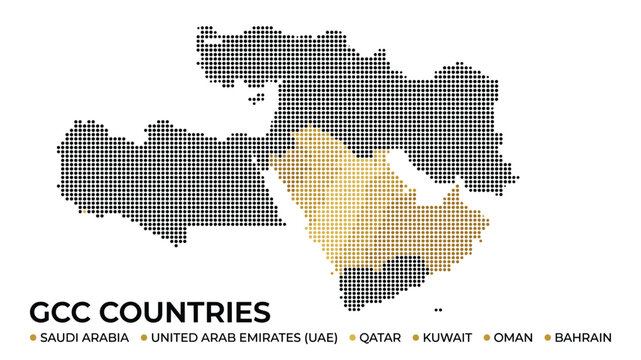 GCC Countries Map Vector Dotted Halftone Style Gulf Cooperation Council Middle East Illustration for Infographic Banner Presentation Business Design Template
