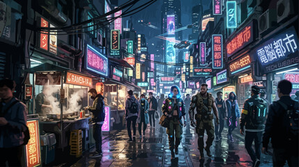 Obraz premium cyberpunk city street life at night with neon lights