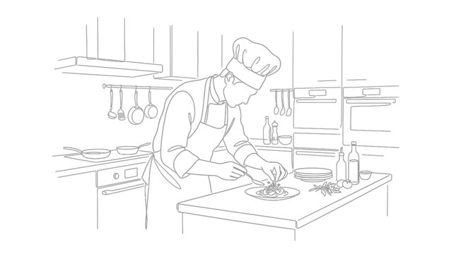 chef preparing food in kitchen, cooking illustration, line art