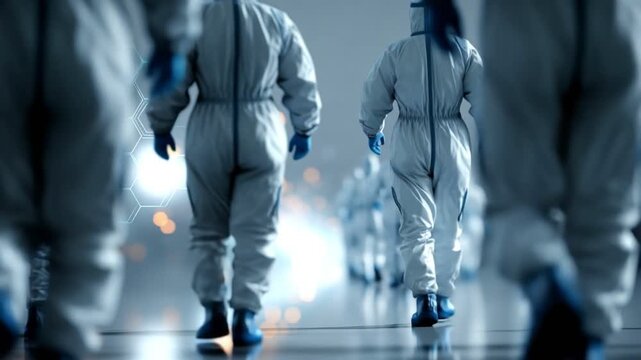 A group of scientists in protective suits walking away, symbolizing research and innovation in a clean, futuristic laboratory environment, with hexagonal graphics and soft lighting
