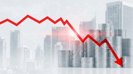Obraz premium recession, financial crisis, economic crash, stock market, decrease, inflation, global economy impact showing a red falling arrow over silver coin stacks and blurry city skyline.