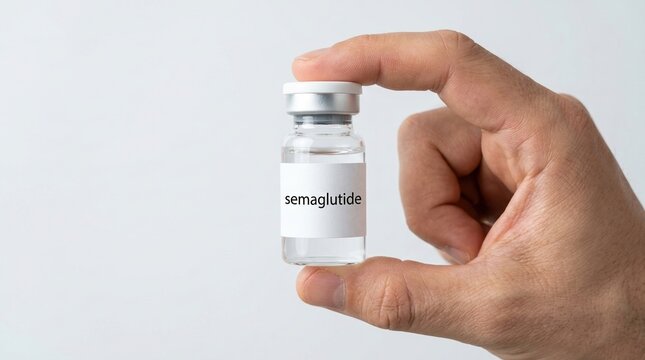 semaglutide, vial, medicine, obesity, diabetes, treatment, injection held by hand for weight loss therapy and pharmaceutical healthcare solutions in a bright clinical setting.