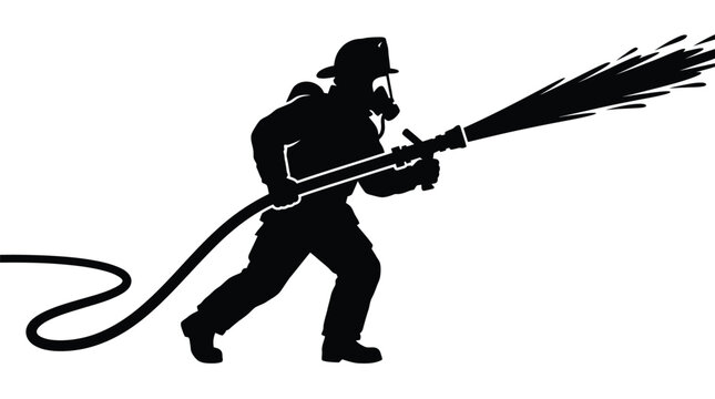 Silhouette vector illustration of a brave firefighter spraying water from a hose on white background