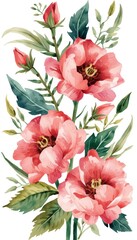 Fototapeta premium A delicate watercolor painting of pink flowers with green leaves and buds, showcasing soft petals and vibrant natural colors.