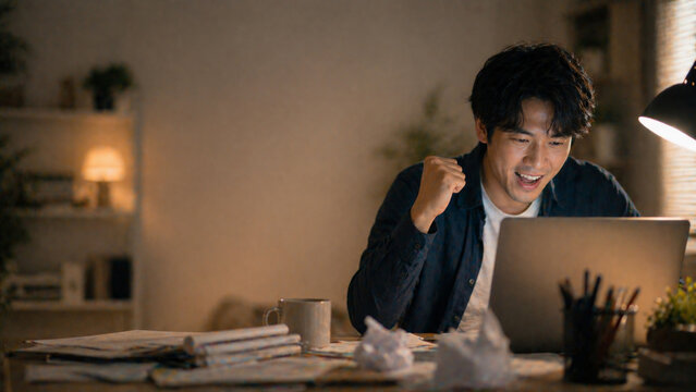Happy asian man celebrating success at night with laptop