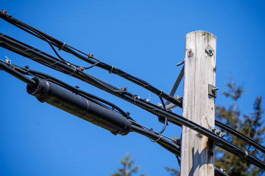 Wooden utility pole with fiber optic splice enclosure and data cables