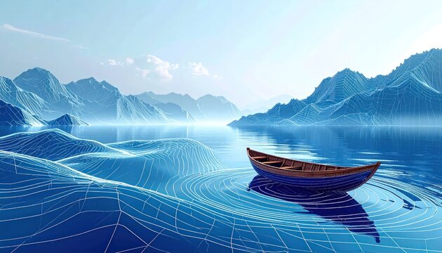 Serene wooden boat floats on tranquil stylized blue water with wireframe mountain landscape background