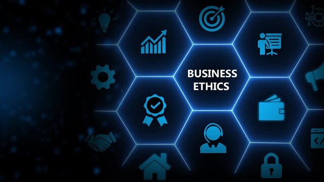 Business ethics concept. Ethical investment, sustianable development. Business integrity and moral. Businessman touching on BUSSINESS ETHICS wording on smart screening surrounded by ethical elements.