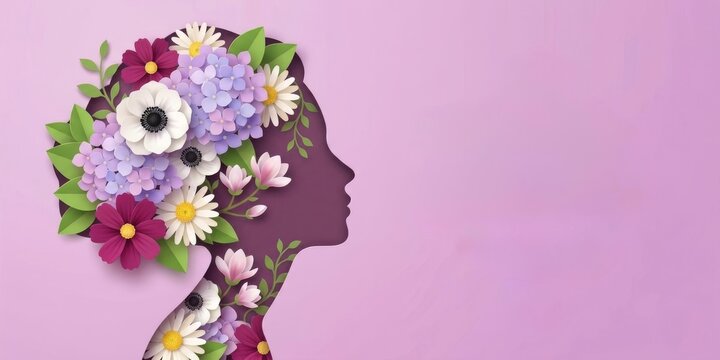 International Women's Day concept with floral paper craft silhouette and copy space, Mental health and self-care concept illustration with flowers inside woman's head