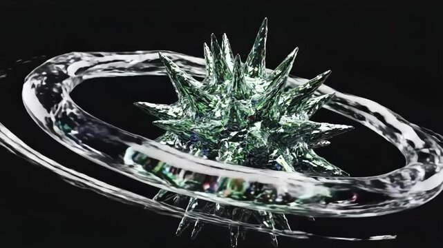 Glass sculpture with clear ring and spiky center on black background
