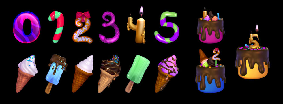 Set of 3D vector numbers from 0 to 5 with assorted ice cream cones popsicles and birthday cakes featuring festive textures for holiday parties and sweet celebration designs