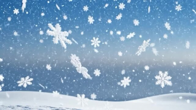 Snowflakes falling on snowy landscape with blue sky