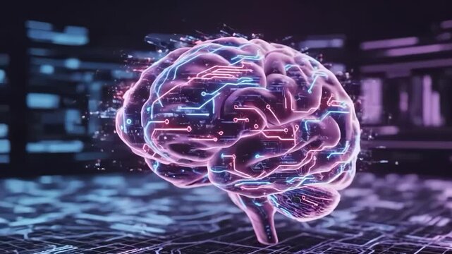 Glowing pink and blue brain with neon circuits on a dark background