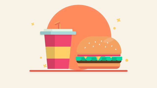 Flat Design Animation of a Fast Food Burger and Soda Drink Combo Meal on a White Background