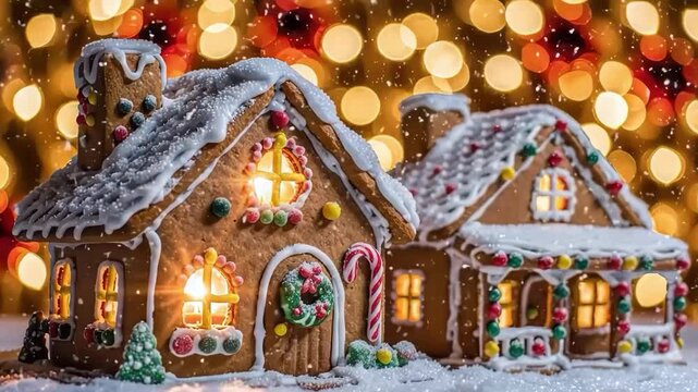 A gingerbread house with icing and candy on a snowy surface with bokeh lights