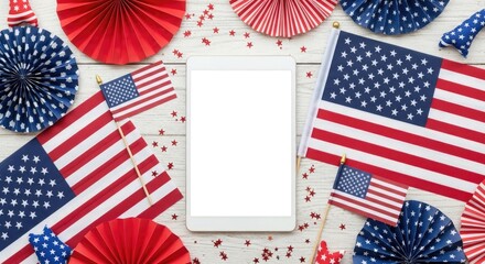 Obraz premium Festive independence day celebration american flags paper fans patriotic decor
