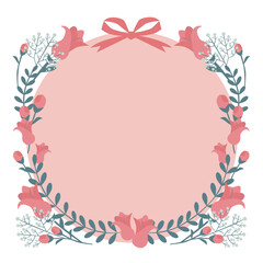 Fototapeta premium Pink Floral Wreath Frame with Ribbon – Oval Rose Garland on Pink Background for Valentine, Birthday Card & Romantic Design
