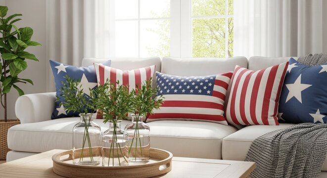 Festive independence day home decor patriotic pillows and summer living room setup
