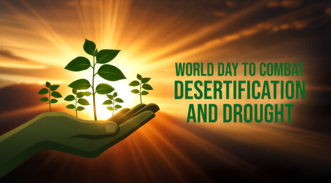 World day to combat desertification and drought concept with green plant in hand and sunset background