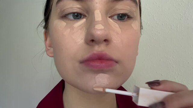 Woman applying cosmetic concealer product to her face, demonstrating beauty routine, showing nose contour, cheekbones definition, chin, highlighting skin for glamorous daily makeup.