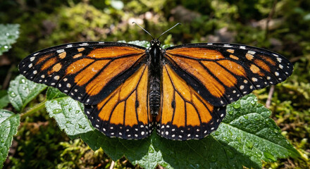 Obraz premium Close-up of a butterfly resting on a green leaf with wings open showing patterns