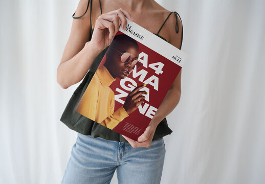 Mockup Of Woman Holding Customized A4 Magazine