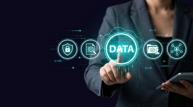 Data governance, data management, cybersecurity, compliance, big data, information privacy, cloud storage icon interface for businesswoman using tablet and secure digital technology.