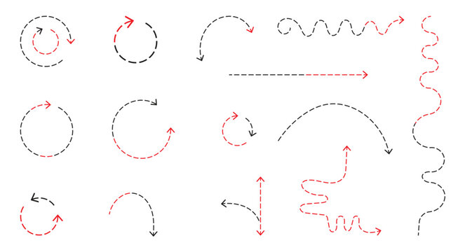 Modern dotted and dashed line arrows and curve symbols set.  dashed arrow line red and black directional mark map. vector illustration.