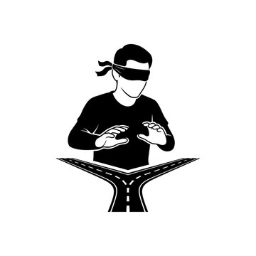 Blindfolded person facing a diverging road symbolizing choice.