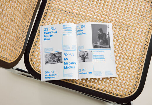 Mockup Of Customizable Open A5 Magazine On Chair