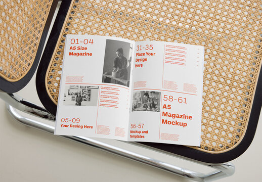 Mockup Of Customized Open A5 Magazine On Chair