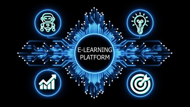 e-learning platform logo on glowing circuit board network, connected business icons for finance, analytics, partnership, growth and innovation on black background