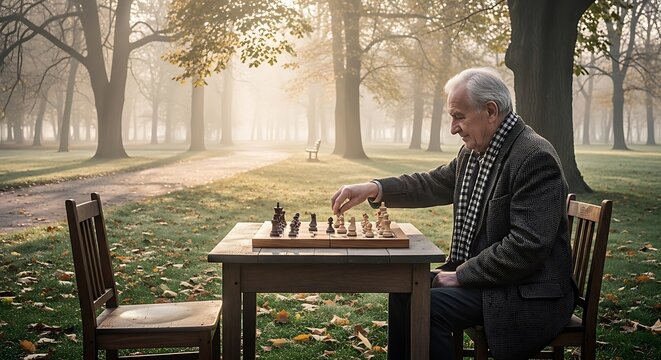Elderly man playing chess alone on a wooden table in a foggy park