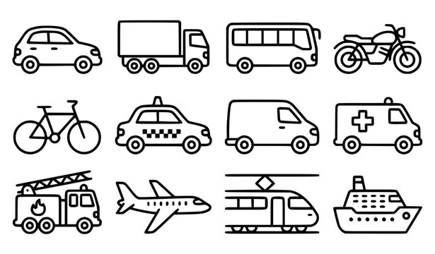 Vehicle icons set vector thin line transportation car truck bus airplane illustration editable stroke