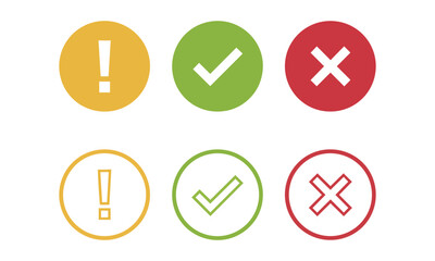 Fototapeta premium Set of status icons featuring checkmarks crosses and alert symbols in solid and outlined circular designs for user interface development
