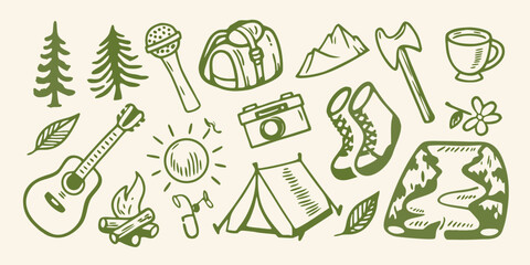 Camping and outdoor adventure hand drawn illustrations on a cream background high quality professional detailed © Ripan