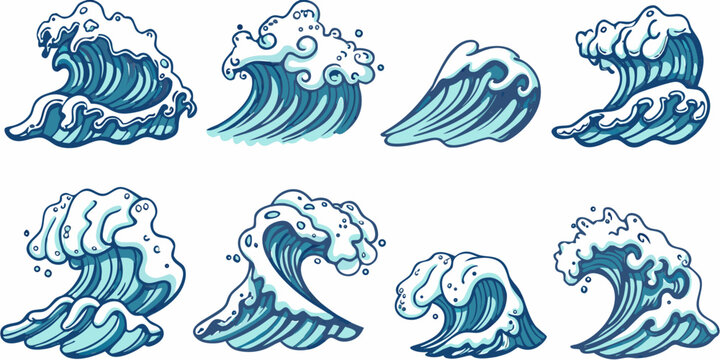 Hand drawn wave illustrations set blue ocean waves with white foam isolated on white