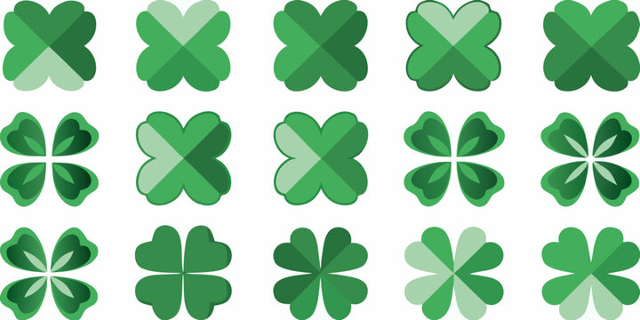 Collection of green clover leaves three four and five leaf variations on a white background