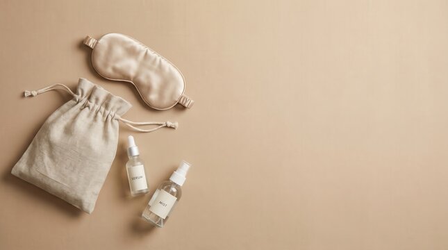 Wellness and self-care routine concept with silk sleep mask and skincare products. Bedtime beauty ritual and relaxation essentials with copy space.