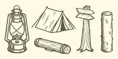 Camping equipment sketch set including lantern tent signpost and log roll high quality professional detailed © Ripan