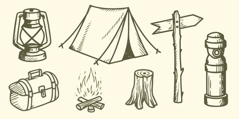 Camping equipment sketch collection with lantern tent campfire and signpost on beige background high quality © Ripan
