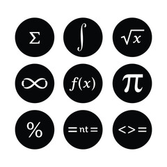 Fototapeta premium Mathematical symbols icon set, 9 black circle vector elements, algebra and calculus formula signs for education