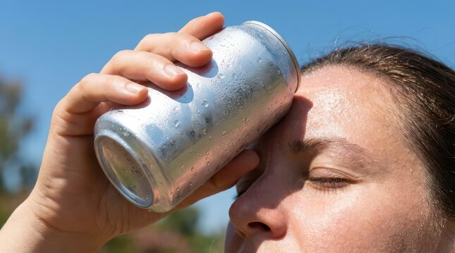 Close-up of woman cooling her forehead with a cold aluminum can on a hot summer day for wellness and refreshment background or banner