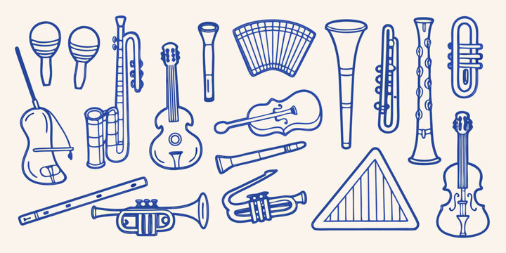 Collection of musical instruments in blue line art style on a neutral background high quality