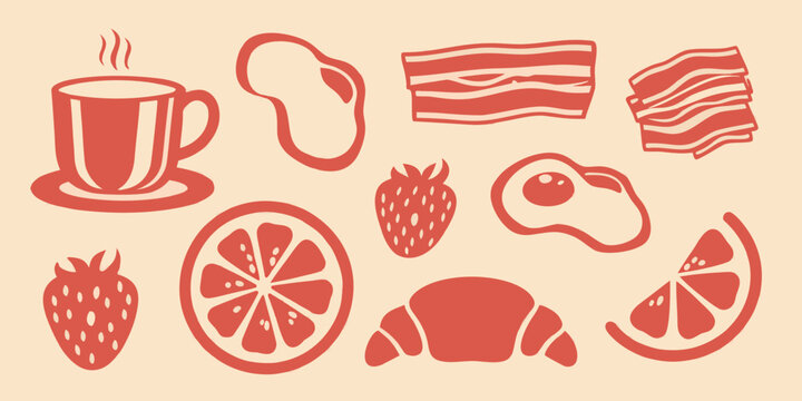 Breakfast food silhouettes including coffee eggs bacon and fruit on a beige background high quality