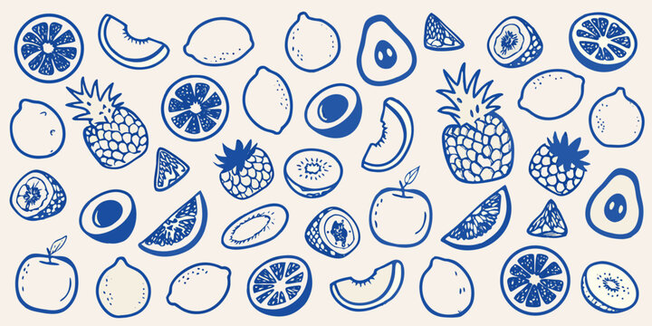 Blue line art illustration of diverse fruits including pineapple avocado citrus and kiwi high quality