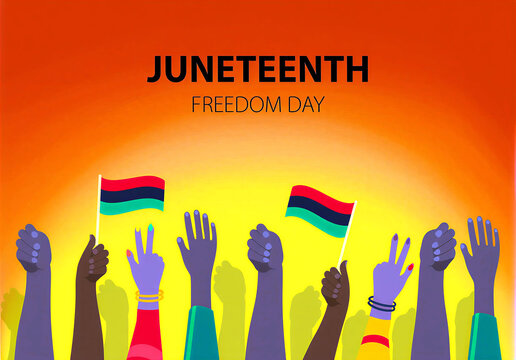 Juneteenth freedom day celebration with raised hands and flags in colorful illustration design