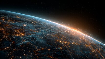 Obraz premium Earth planet night view from orbit showing glowing city lights and atmospheric horizon glow with dark space background and distant stars 4K Video Resolution
