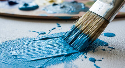 Fototapeta premium Close-up of a paintbrush applying blue paint to a canvas